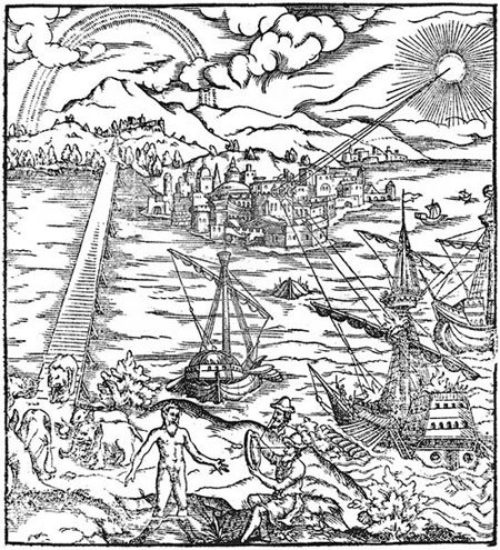 Một bức tranh miêu tả cách Archimedes đốt cháy những con tàu La Mã trước Syracuse bằng những tấm gương cầu parabol. 